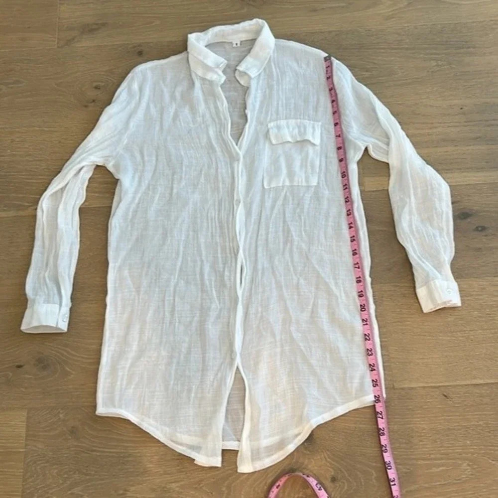 Women’s White Long Sleeve Shirt Beach Cover Up Sheer Gauzy Button Up Blouse Top - Picture 8 of 8